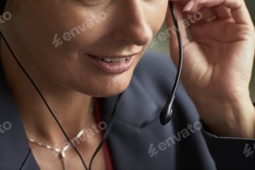 Preview: Caucasian Middle Aged Woman Using Headset Communicating during Work