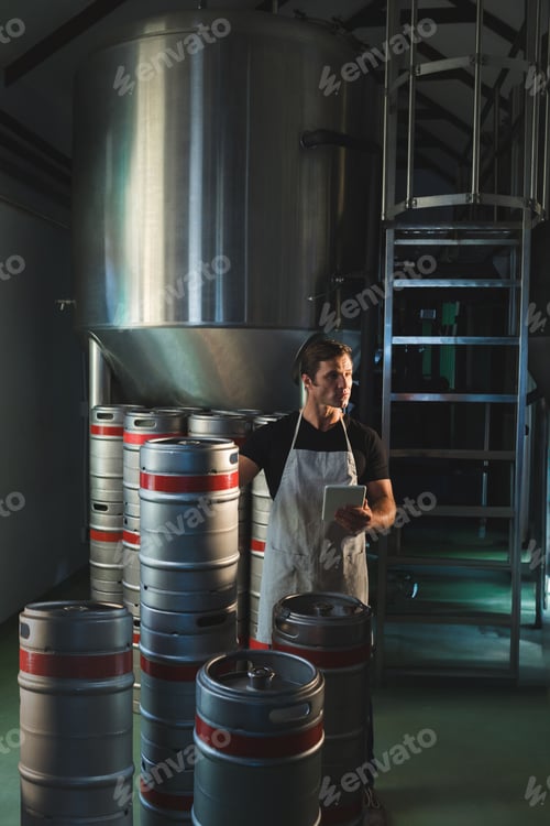 Preview: Standing among stainless steel kegs on brewery floor man in his 30s holding tablet