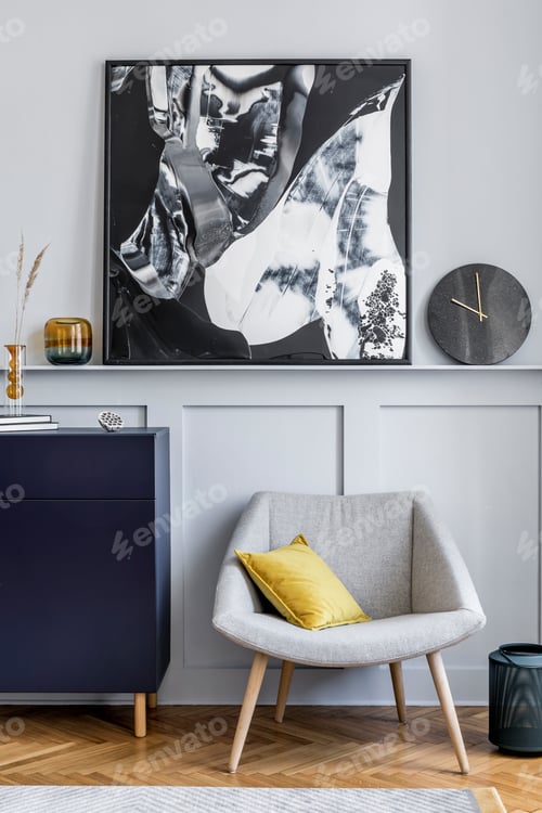 Interior design of living room with stylish navy blue commode.