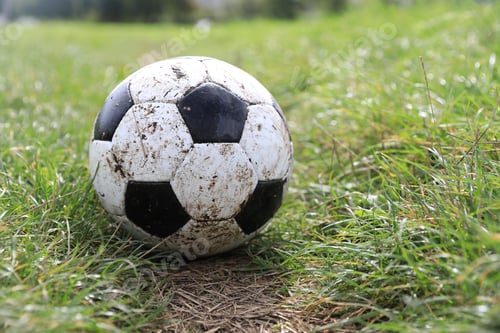 Preview: Dirty soccer ball on green grass outdoors, space for text