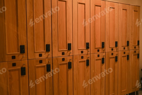 Preview: Wooden lockers in locker room in spa center