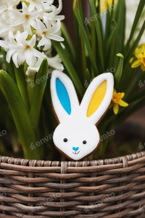 Preview: Easter bunny gingerbread cookie with ears yellow blue colored as Ukraine flag