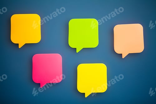 Preview: Colorful stickers on blue wall. Empty Space for text