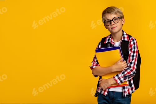 Preview: Calm clever caucasian teenage boy pupil in glasses with books and notebooks ready to study in school