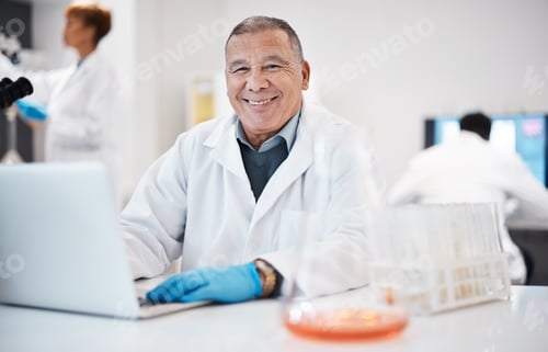 Preview: Happy, research and portrait of a scientist with a laptop for healthcare, virus results and email.