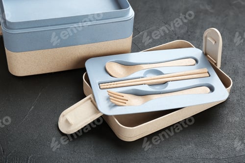 Preview: Empty lunch box on table. Food container