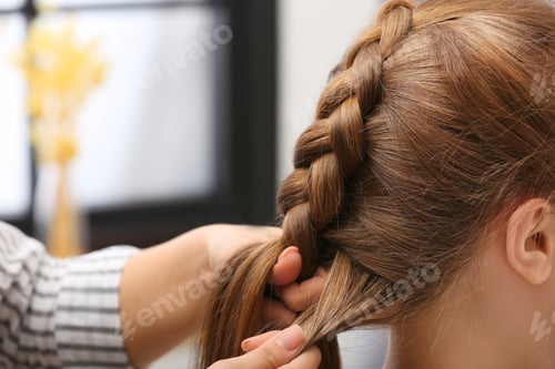 Preview: Professional coiffeuse braiding client's hair in salon, closeup