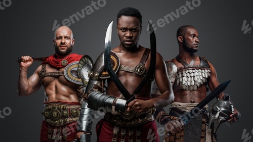Preview: Determined greek warrior with comrades holding swords in cross