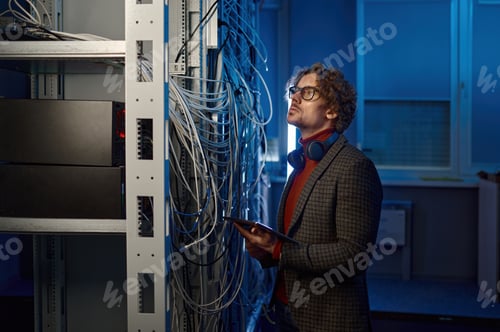 Preview: Male IT technical specialist makes a diagnosis in server room