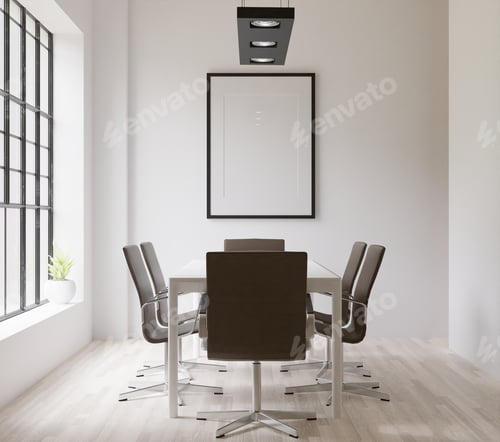 Preview: 3D mockup photo frame on wall workplace at home
