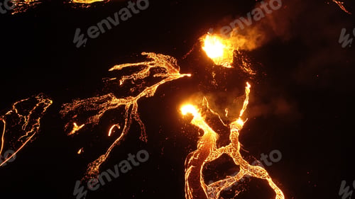 Preview: Volcanic eruption with glowing orange lava flow surrounded by a pool of bubbling magma