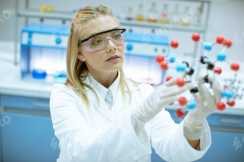 Preview: Female chemist hold molecular model in the lab
