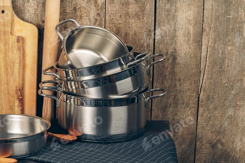 Preview: Set of dishware against old wooden background
