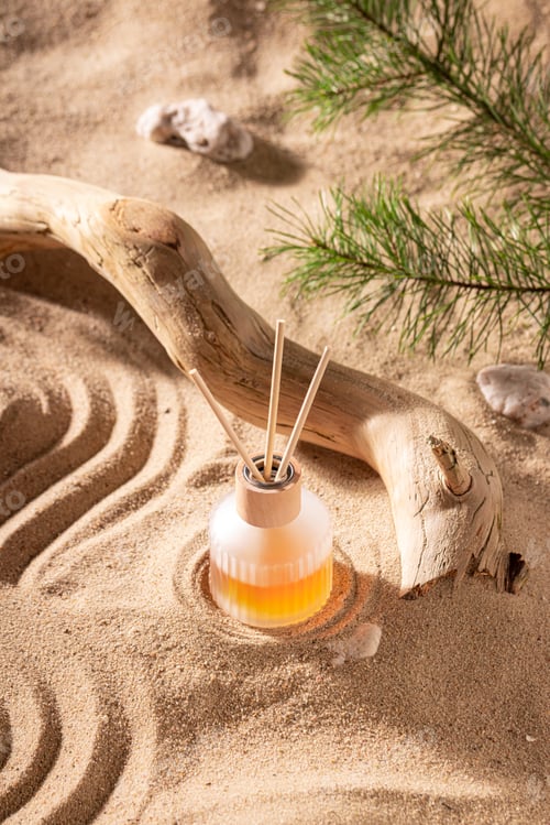 Preview: Intense fragrance diffuser in translucent glass bottle on beach.