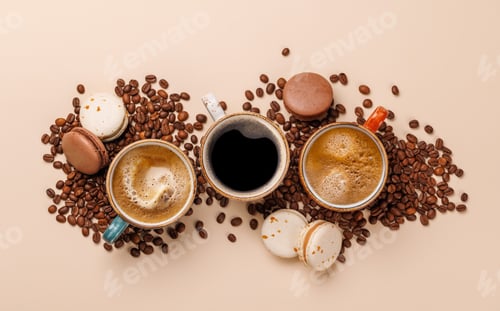 Preview: A steaming cups of freshly brewed coffee surrounded by rich, aromatic roasted coffee beans