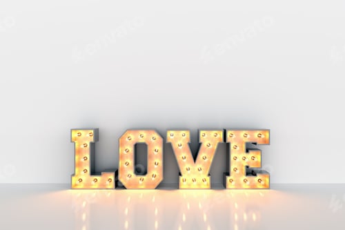 Preview: Love word with light bulbs inside on white clean wall background
