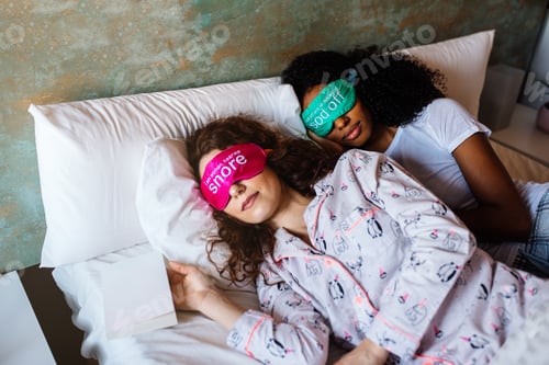 Preview: Girls relaxed sleeping in bed with blindfold at home