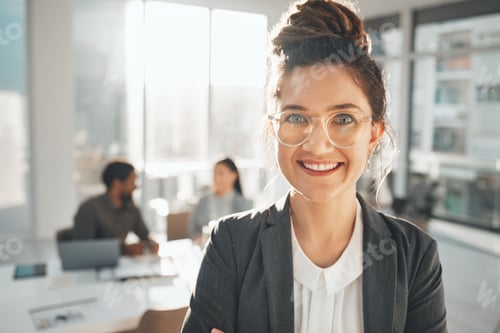 Preview: Portrait of business woman in office management, company vision and happy for career opportunity, g