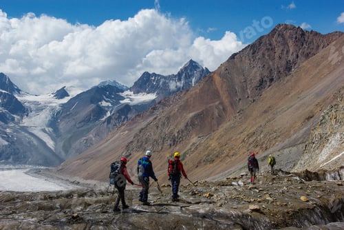 Preview: people hiking in snowy mountains, scenic landscape, Russia, Caucasus, july 2012