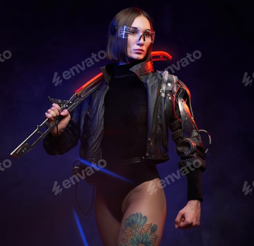 Preview: Urban and cyberpunk styled woman assassin with sword posing in studio