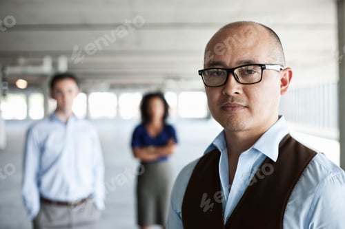 Preview: Portrait of a mixed race team of business people in a new empty office space.