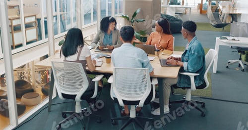 Preview: Business people, diversity or meeting with modern office documents, digital marketing laptop or tar