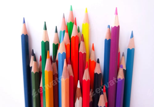 Preview: Colorful drawing pencils . School supplies on the white background.