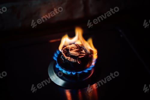 Preview: Paper banknote burns like fuel on gas stove burner in the kitchen