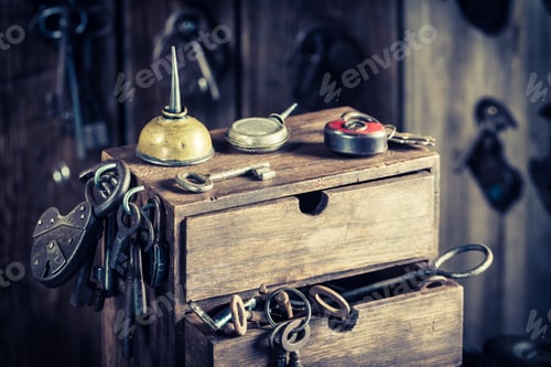 Preview: Small locksmiths workshop with tools, locks and keys