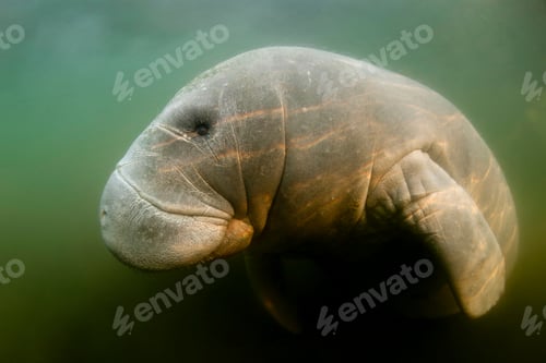 Preview: manatee swimming in murky water, close up shot