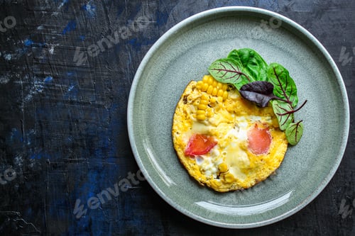 Preview: Omelette Scrambled Vegetables And Salad, Healthy Snack (Corn, Tomato, Onion And Other Ingredients)