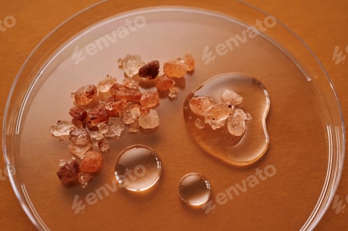 Preview: Three drops of liquid with pink salt on an orange background.