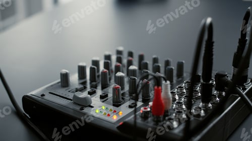 Preview: DJ mixer console with knobs and equalizer standing on home studio desk