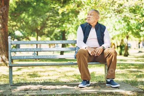 Preview: Park, thinking and senior man on bench outdoors for fresh air, wellness and relaxing in retirement.