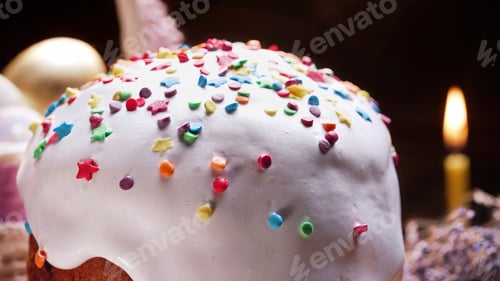 Preview: Homemade Easter cake background. Festive pastry, colorful eggs in basket.