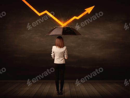 Preview: Businesswoman Standing With Umbrella Keeping Orange Arrow Concept On Background