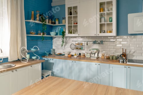 Preview: kitchen interior light in blue tones provence style all kitchen paraphernalia clean kitchen