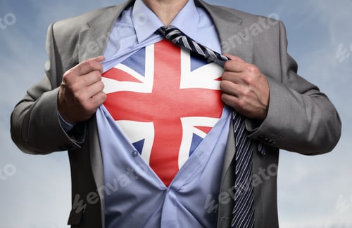 Preview: Superhero businessman revealing British flag