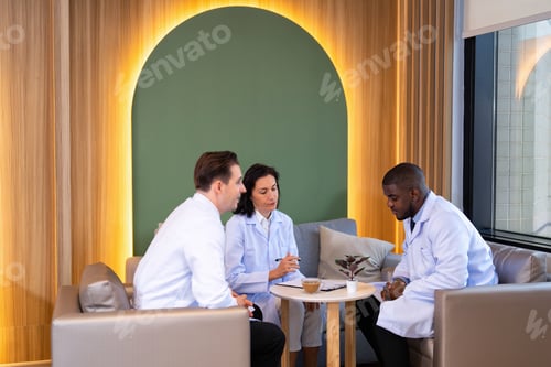 Preview: Healthcare doctors sitting on sofa in pantry room at modern hospital relax briefing patient case