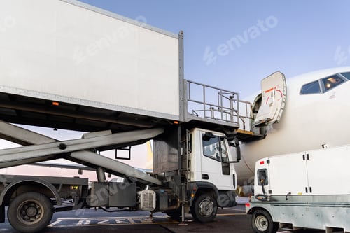 Preview: Close-up detail view of highloader cargo catering service truck loading commercial passenger aicraft