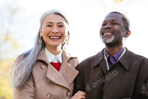 Preview: Storytelling image of a multiethnic senior couple in love