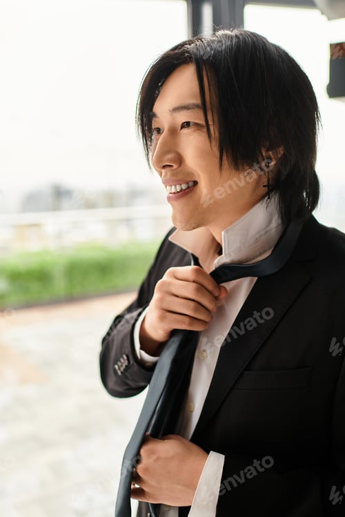 Preview: Handsome young groom adjusting his tie with a charming smile before the wedding ceremony begins