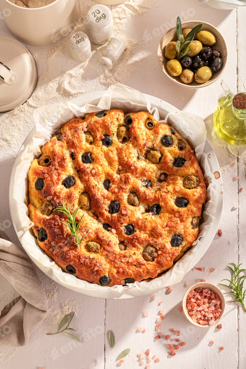 Preview: Traditional focaccia made of flour, olives, salt and oil.