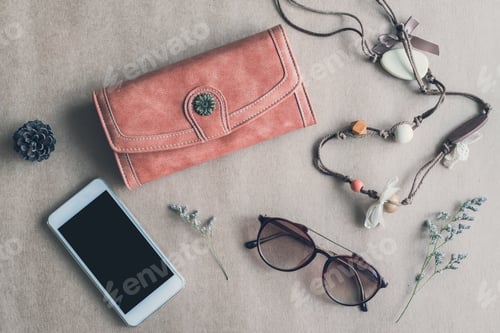Preview: Fashion woman accessories isolated on color background