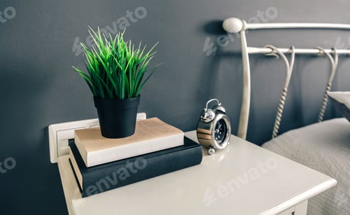 Preview: Bedside table with books and plant