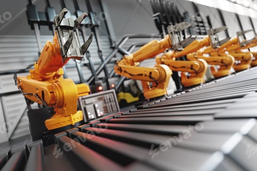 Preview: Robotic arms along assembly line in modern factory.
