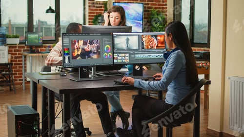 Preview: Videography expert editing video footage in post production agency house