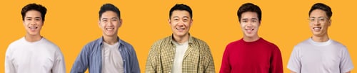 Preview: Set of cool asian men smiling over yellow background, collage