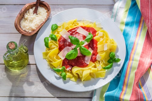 Preview: Delicious pappardelle pasta with tomato, basil and parmesan