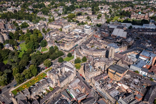 Preview: Aerial townscape skyline view of Harrogate in North Yorkshire